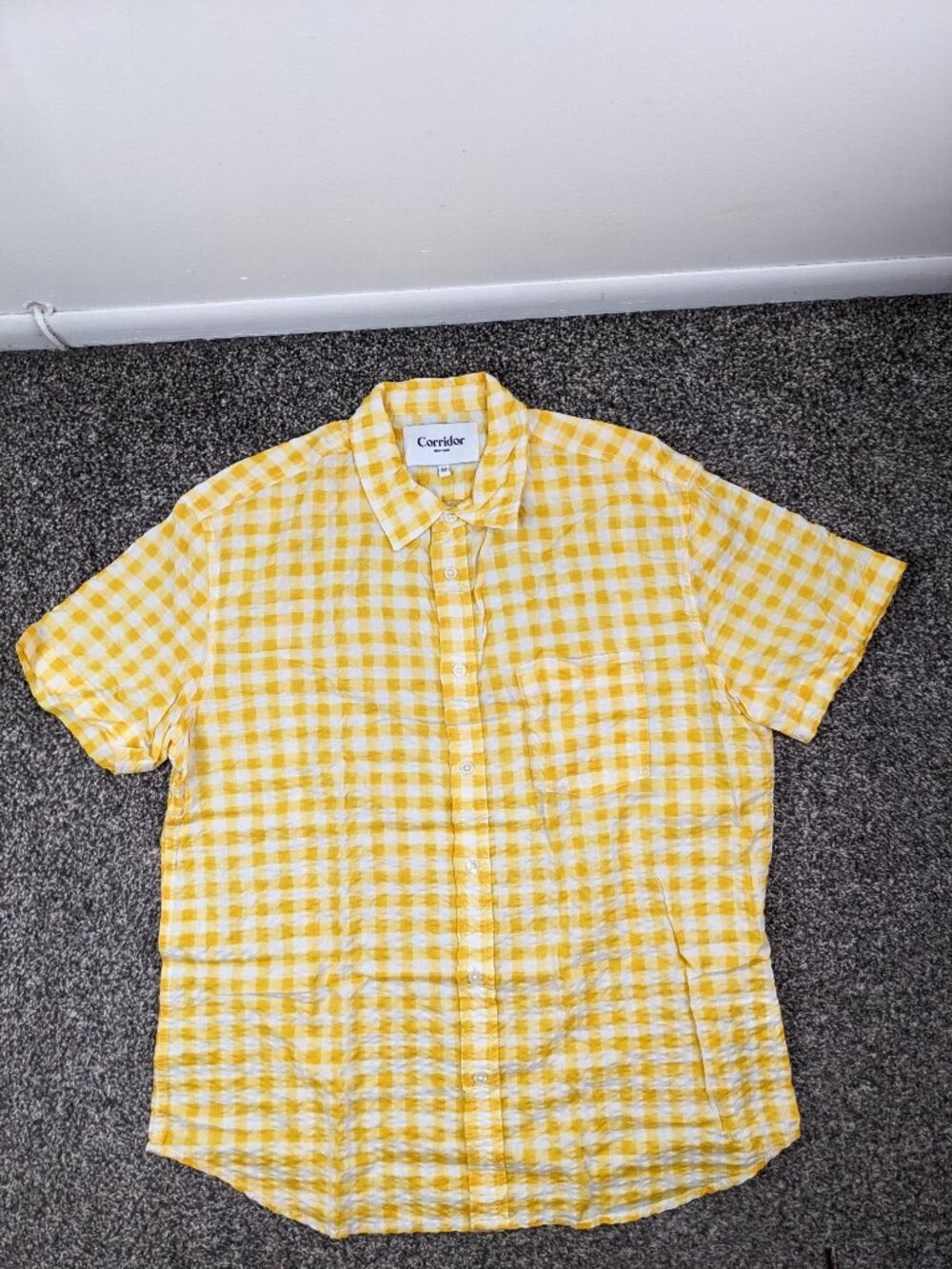 Corridor NYC Shirt Seersucker Gingham Checked Button Up Yellow Mens Medium